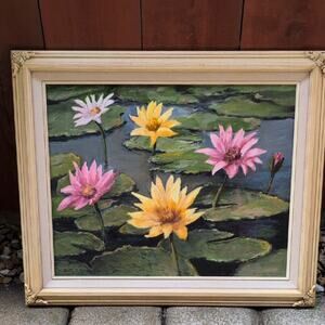 Vintage Betty Harkless Appenzeller WATERLILIES Oil Painting 1992 Canvas/Wood